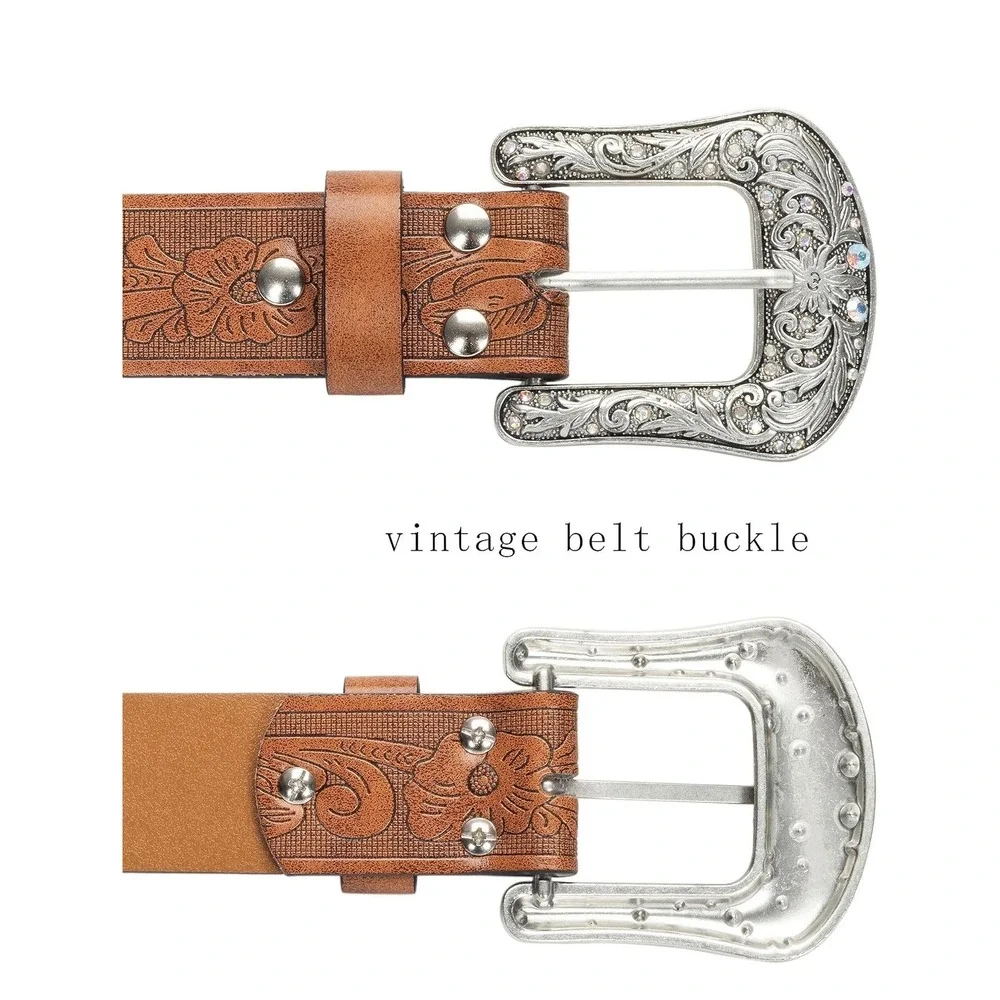 Womens Western Floral Embossed Brown Belt Rhinestone Silver Buckle Cowboy Style
